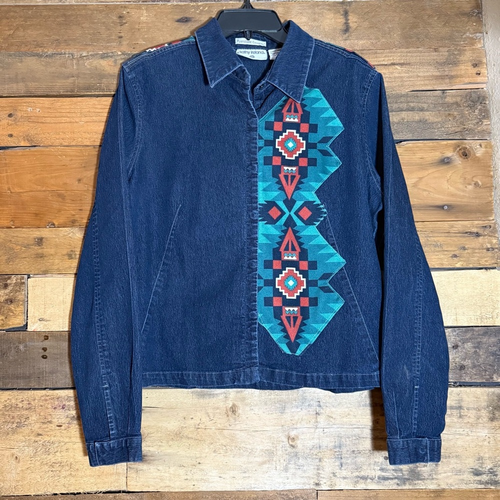 Vintage Kathie Lee Denim Stretch Aztec Jacket Lightweight Ryanstone‎ Cowgirl L